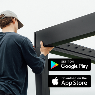 Person installing a pergolux pergola with app download prompts for Google Play and App Store.