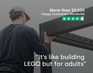 Person assembling a large black frame of a Pergola with text about customer satisfaction and a quote comparing it to building LEGO for adults.