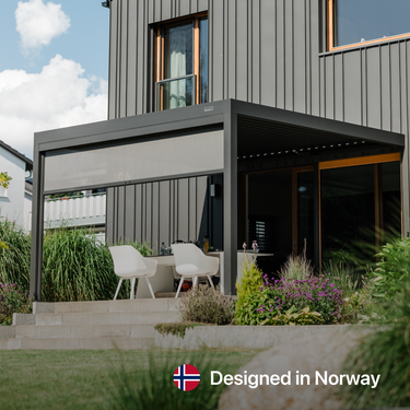 Modern outdoor pergola with a house in the background, featuring the 'Designed in Norway' logo.