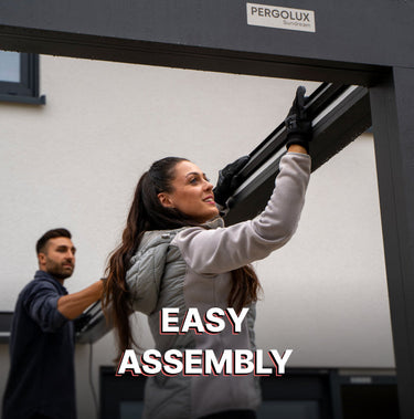 Two people assembling a pergola with 'Pergolux' branding, text 'Easy Assembly' displayed.