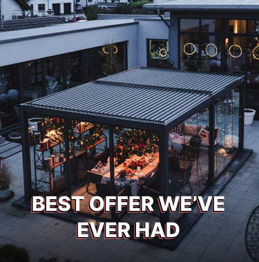 Outdoor dining area with a pergola, people sitting at tables, and text overlay 'BEST OFFER WE'VE EVER HAD'.
