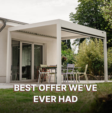 Patio with pergola, table, and chairs with text overlay 'BEST OFFER WE'VE EVER HAD'.