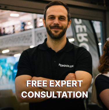Man in a black shirt with 'Pergolux' logo, arms crossed, text 'Free Expert Consultation' in foreground