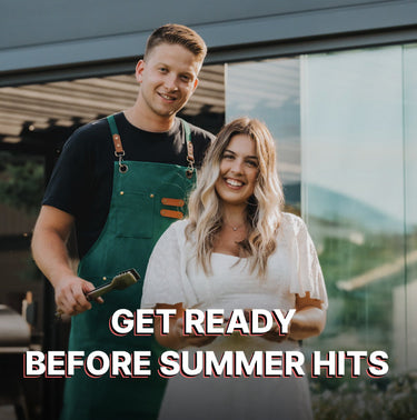 Two people standing outdoors with text 'Get ready before summer hits'.