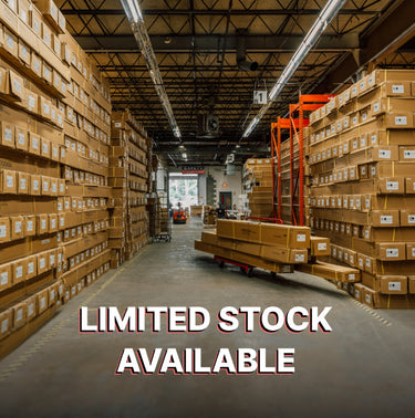 Warehouse with stacked boxes and a forklift, with text 'Limited Stock Available'.