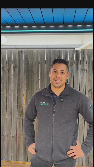 Russel showing the features of his Pergolux Pergola