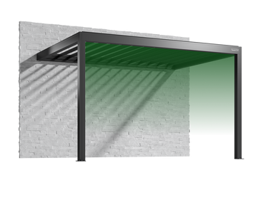 Green carport attached to a white brick wall