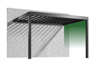 Black metal pergola attached to a white brick wall