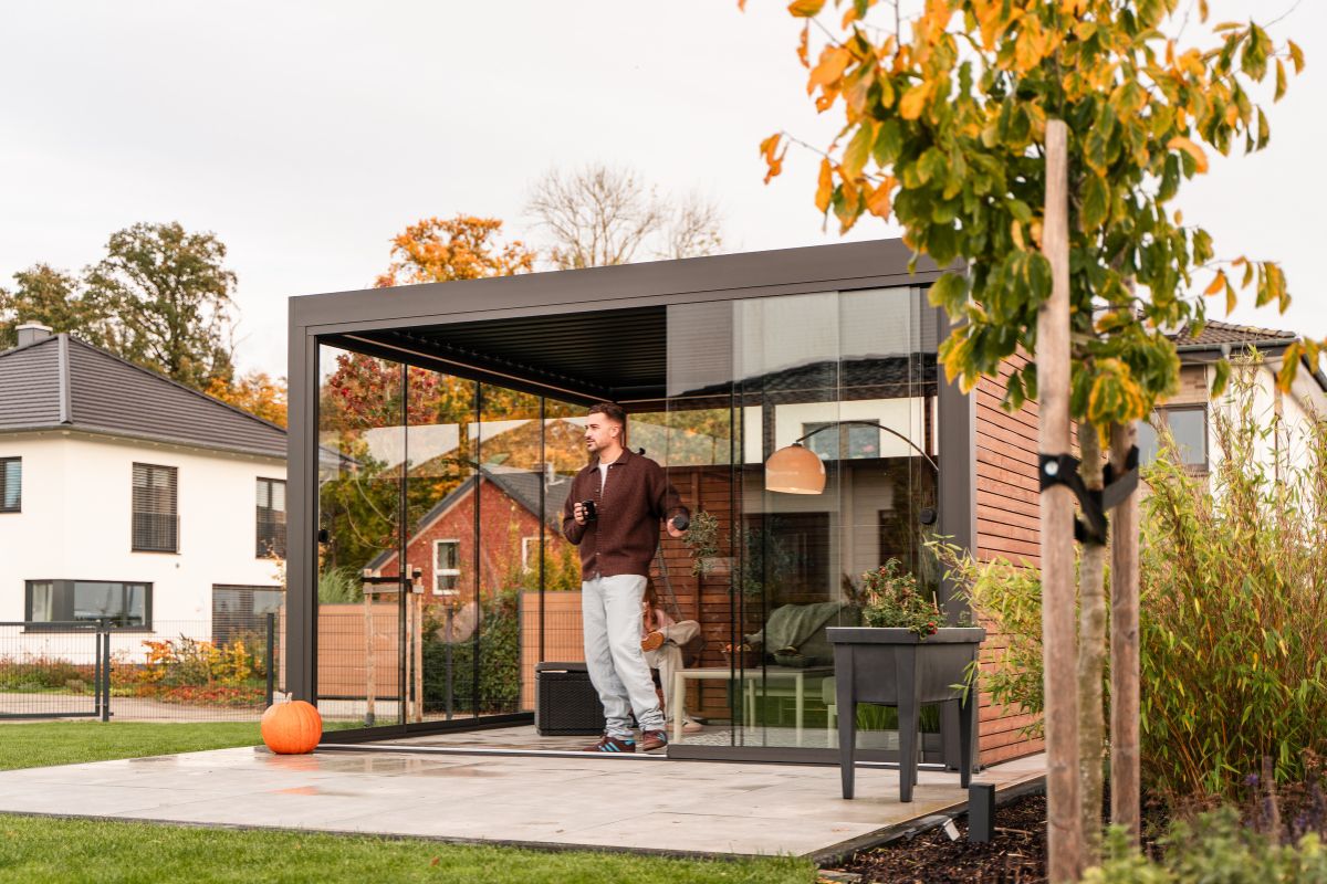 Autumn Pergolux Set Up with Glass Walls. Anthracite Freestanding. 