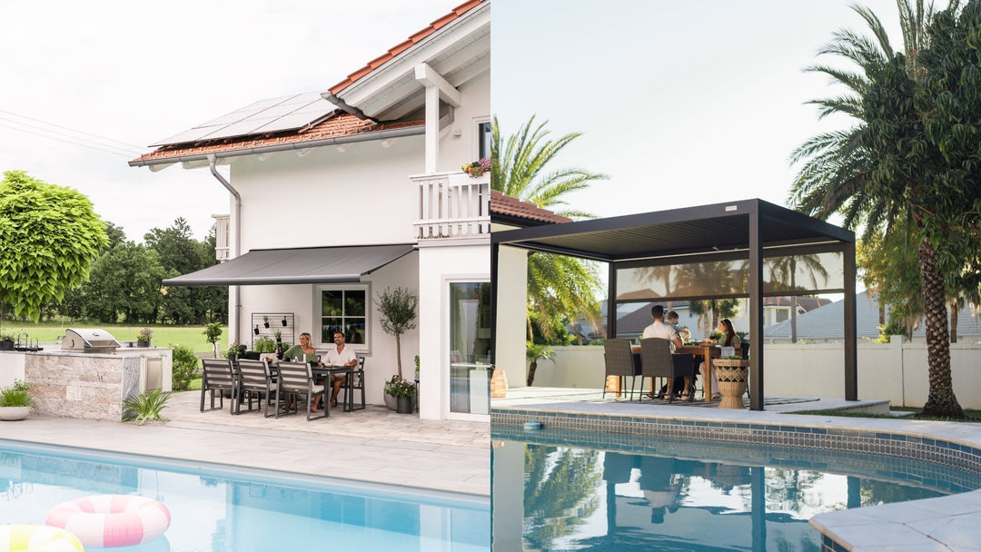 Side-by-side comparison of a retractable awning and a louvre pergola on an Australian patio