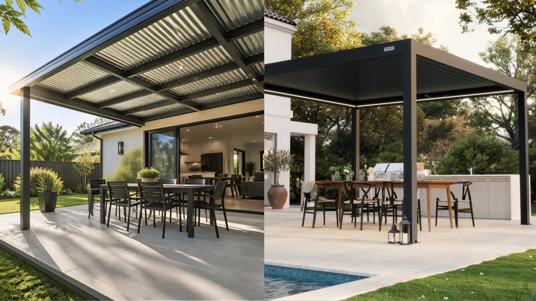 PERGOLUX louvred aluminium pergola with open louvres over outdoor dining area vs. Colourbond Verandah version