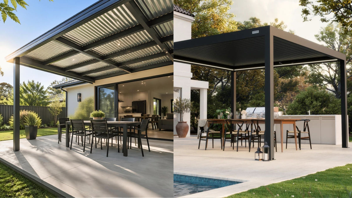 PERGOLUX louvred aluminium pergola with open louvres over outdoor dining area vs. Colourbond Verandah version