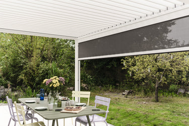 dark grey retractable screen panel under white slatted roof