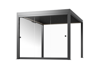 Black pergola with frameless glass walls on a white background