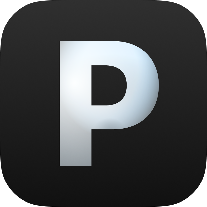Black square with a white 'P' in the center