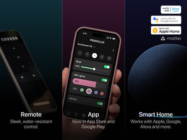 
A composite image demonstrating three ways to control a Pergola system, labeled: Remote, App, and Smart Home.

Remote: A dark, sleek, handheld remote control with subtle text reading "PERGOLUX" and various buttons is shown on a dark background. The text below reads: "Sleek, water-resistant control."

App: A hand holds a smartphone displaying the PERGOLUX application interface. The app shows controls for the "Roof" (at 40%), "LED Lights" (at 70% with color selection), and a "Heater" control toggle. The text
