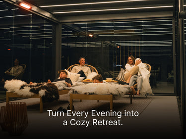 Four people relax on lounge chairs with blankets and snacks in a modern, glass-walled room at night, reminiscent of a pergola retreat. Text reads: "Turn Every Evening into a Cozy Retreat.