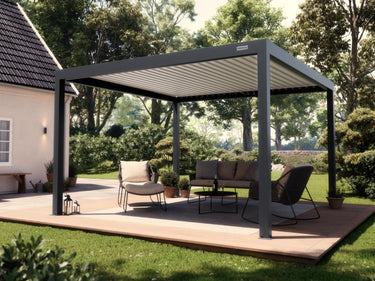 Dark grey matte metal pergola structure with solid white slatted roof shading lounge seating on timber decking