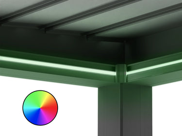 Mint green RGB LED lights embedded in pergola gutter track with color spectrum graphic overlay