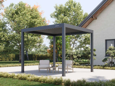 independent dark grey freestanding pergola with slatted roof sheltering white cushioned lounge chairs