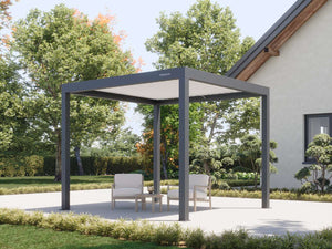 Grey powder-coated pergola shading white lounge chairs in garden