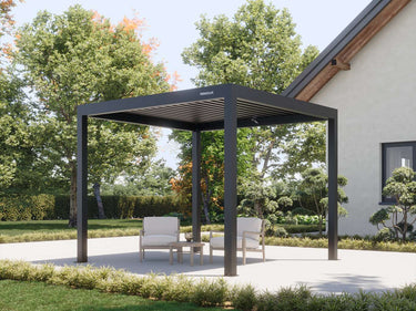 Dark grey matte pergola with open slatted louvres shading cushioned armchairs on patio