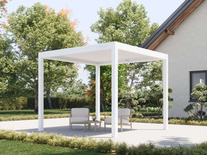 white aluminum pergola with open louvered roof shading armchairs and side table on concrete patio