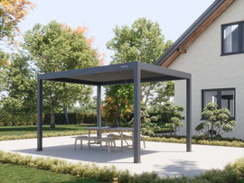 dark grey freestanding pergola covering rustic wooden picnic table on garden terrace