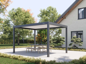 Dark grey pergola with fully closed opaque roof slats creating shaded room effect