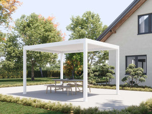 Standalone white louvered pergola on paved backyard terrace