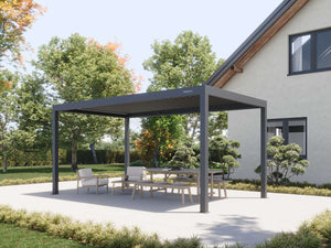 grey outdoor pergola sheltering light wood lounge chairs and dining set on sunlit patio
