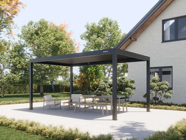 Dark grey matte metal pergola with open slatted louvre roof