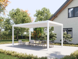 White rectangular pergola with open louvered roof shading dining set