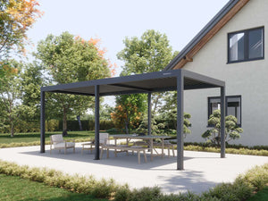 Wide angle view of dark grey freestanding pergola sheltering mixed seating zone