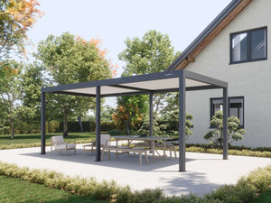 Wide angle matte black pergola covering outdoor seating in green garden