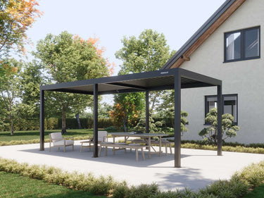 Black pergola with solid flat roof over picnic table
