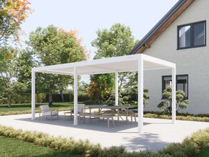 White freestanding pergola with open slats over dining set