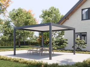 Dark grey pergola with fully closed solid roof panels