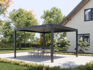 Four-poster matte black pergola with PERGOLUX logo and open louvered ceiling
