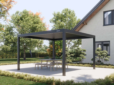 Four-poster matte black pergola with PERGOLUX logo and open louvered ceiling