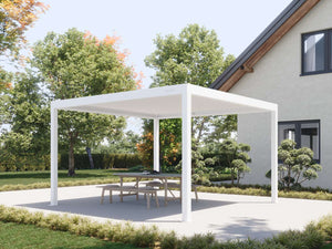 Bright white standalone PERGOLUX Pergola 4 with open slats over backyard picnic table