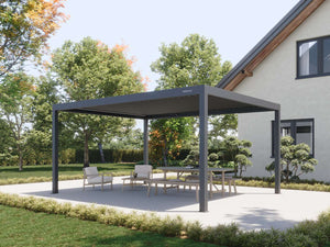 Open frame charcoal pergola with adjustable roof blades