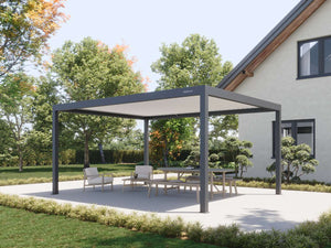 grey pergola with partially closed louvres providing dappled shade over wooden picnic table