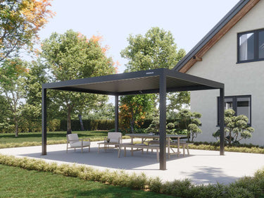 dark grey freestanding pergola with horizontal slat roof over outdoor dining on paved terrace