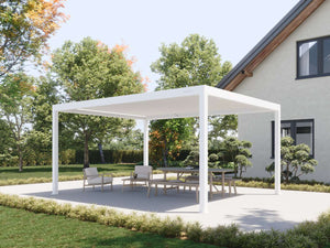 standalone white rectangular pergola with adjustable louvres shading combined seating area in garden