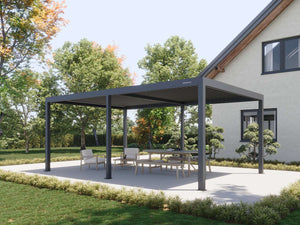 Standalone dark grey metal pergola with visible louvered system