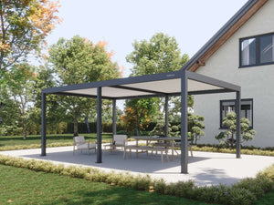 Charcoal freestanding PERGOLUX Pergola 4 with closed louvres over garden lounge area