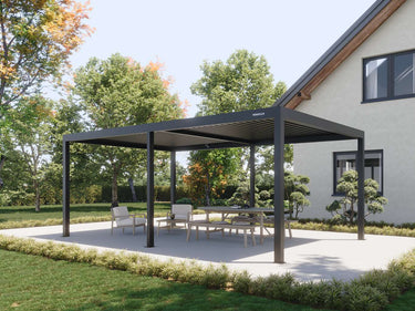 Dark grey freestanding pergola with closed louvre roof