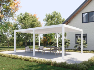 Bright white adjustable louvered pergola over mixed seating