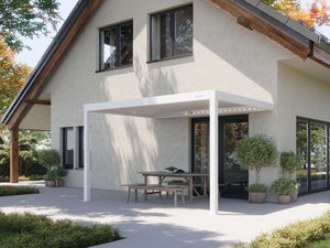white powder-coated metal pergola with open louvered roof shading rustic wooden dining table